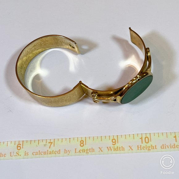Estate Brass Cuff Hinged Bangle with Big Bold Green Goldstone — Excellent Used - Picture 12 of 13